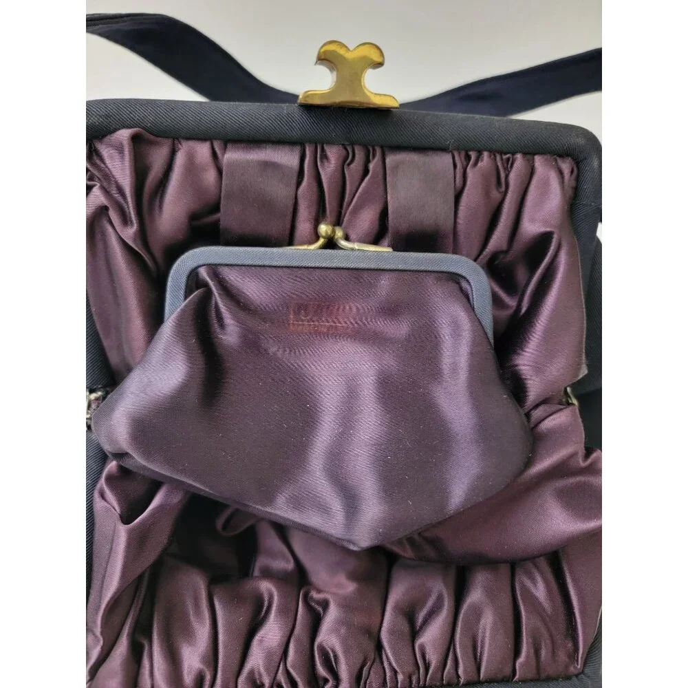 JR USA Vtg Navy Blue Evening Purse Handbag w/ Brass Clasp & Purple Satin Lining - Picture 6 of 9